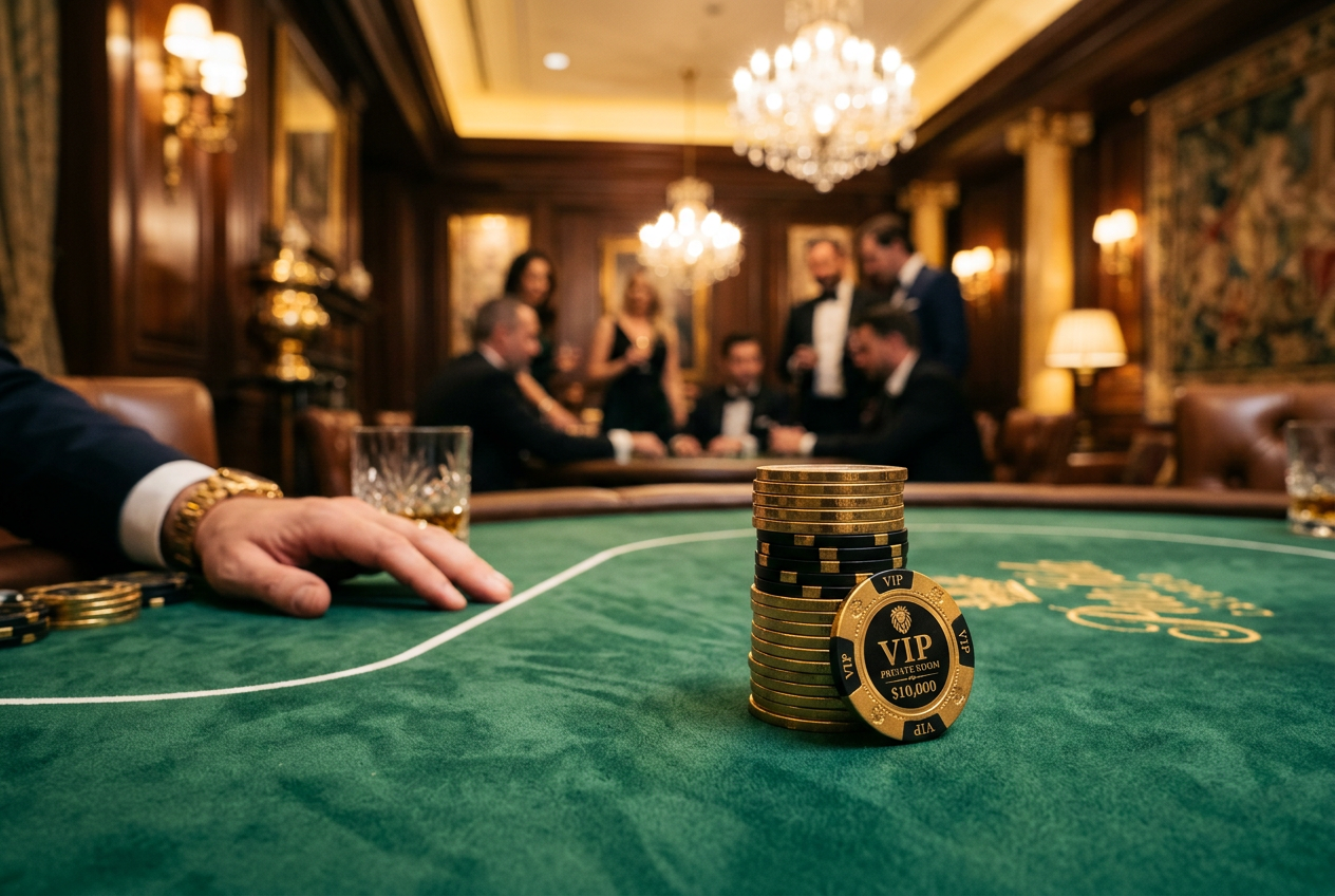 A close-up of luxury gold and black casino chips on a premium green felt table with cinematic lighting