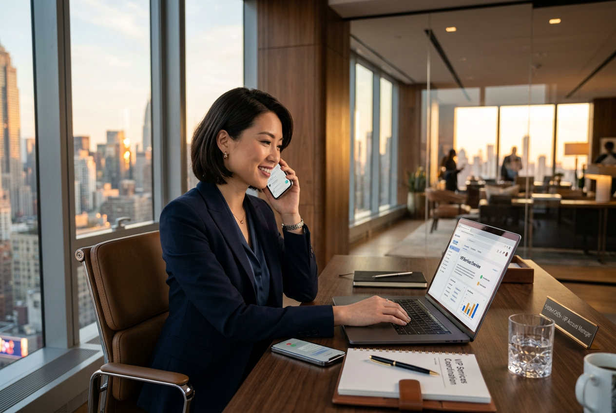 A professional VIP manager in a high-end office managing exclusive loyalty accounts